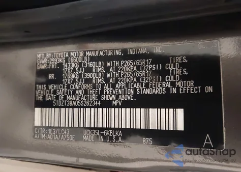 2005 Toyota Sequoia Limited V8 из США, поврежденный, VIN 5TDZT38A05S262344